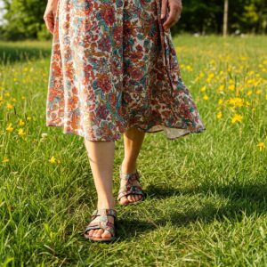 Person wearing comfortable Alegria sandals outdoors. Illustration 3: