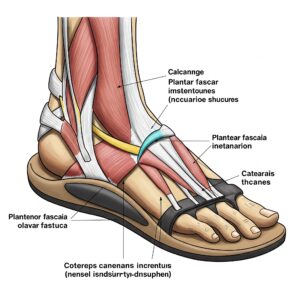 Medical illustration of cushioned sandals designed to support heel and reduce plantar fasciitis pain. 