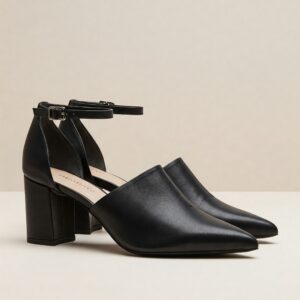 Black closed pointed toe block heel sandals with ankle strap.