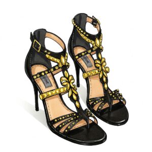  Illustration of strappy black and gold sandals with a stylish design.