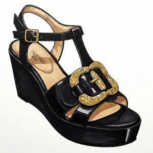  Drawing of black wedge sandals with a prominent gold buckle closure.