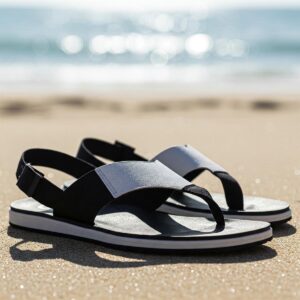 Simple and lightweight black and white sandals perfect for the beach.