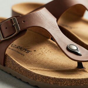 Close-up view of a brown leather corkys sandal highlighting buckle and footbed details.