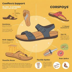 Infographic showing the comfort and support features of corkys sandals, including arch support and flexible soles.