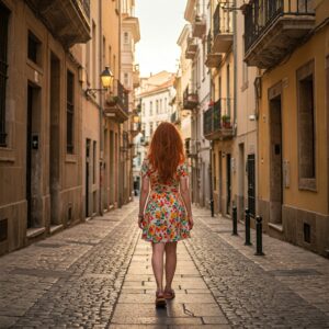 A woman walking down a European cobblestone street wearing a floral dress and corkys sandals.