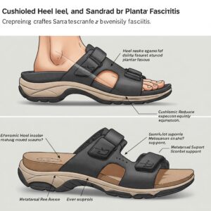 Detailed anatomical diagram showing sandal design supporting plantar fascia and heel structure. 