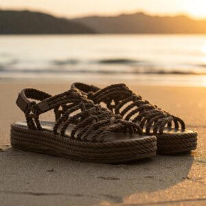 A fashionable pair of woven rope sandals with detailed straps, displayed at an angle to highlight the craftsmanship and texture.