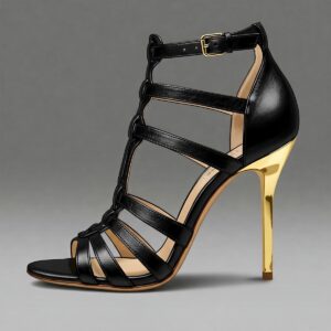 Artistic rendering of black sandals featuring a chic gold heel.