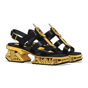 Contemporary design illustration of black and gold sandals with unique architectural elements.