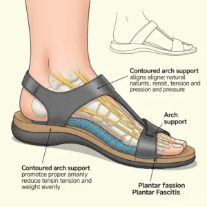 Detailed illustration focusing on the contoured arch support feature within women's sandals beneficial for plantar fasciitis sufferers.