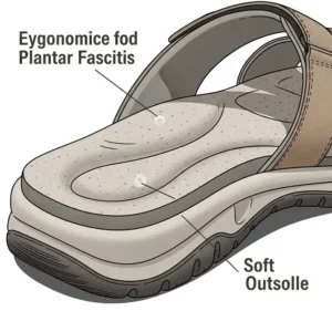 Close-up illustration of the cushioned footbed and outsole of sandals specifically designed for comfort and support with plantar fasciitis.