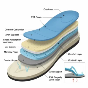 Detailed diagram illustrating the multiple cushioning layers of insoles engineered for sandals, providing superior comfort and shock absorption.