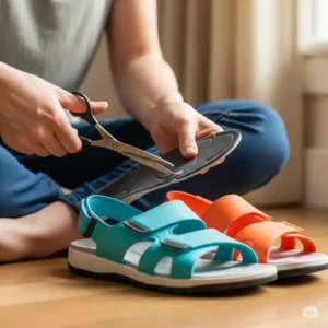 User trimming customizable insoles for sandals to achieve a perfect fit, allowing for personalized comfort and support.