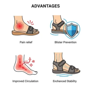 Icons representing the primary benefits of wearing diabetic sandals, such as pain relief, prevention of blisters, and support for improved circulation.