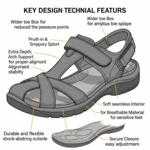 Diagram illustrating the key design features of diabetic sandals, including extra depth, arch support, and soft, seamless interior for sensitive feet.