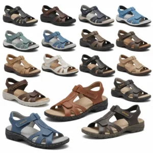 A collection of diverse styles and colors of diabetic sandals, showing options for both men and women designed for comfort and healthy feet.
