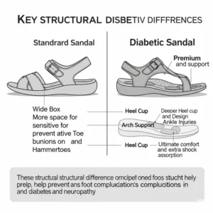 Visual comparison between a standard sandal and a specialized diabetic sandal, highlighting the structural differences that protect sensitive feet.