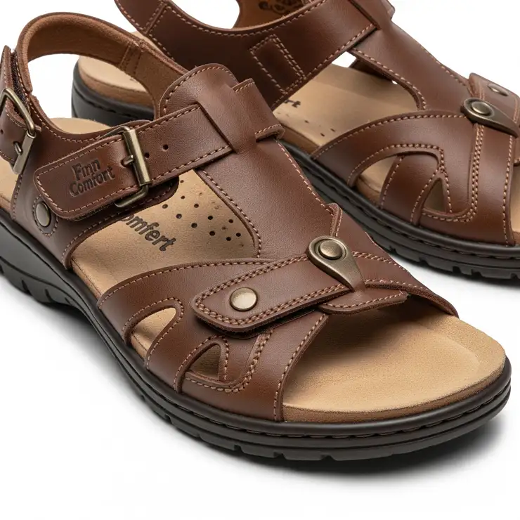 A close-up of a pair of classic Finn Comfort sandals, showcasing their orthopedic design and comfortable footbed.