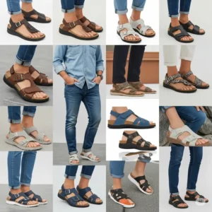 Collage showcasing a diverse collection of Finn Comfort sandal styles for various preferences and occasions.