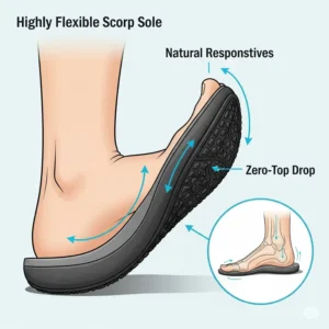 Detailed illustration of the highly flexible sole characteristic of zero drop sandals, allowing natural foot movement.
