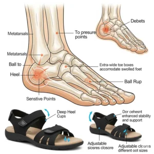 Illustration of foot anatomy, indicating pressure points and sensitive areas that diabetic sandals are specifically designed to protect and support.