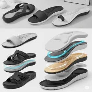 Comfortable insoles providing arch support and cushioning for various types of sandals, enhancing foot health and walking experience.