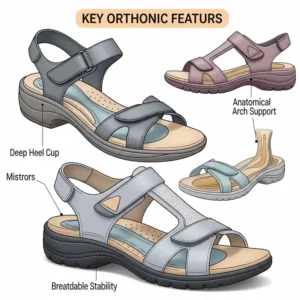 Illustration highlighting key orthopedic features in women's sandals, including deep heel cups and anatomical arch support.