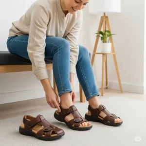 A person comfortably trying on a pair of diabetic sandals, emphasizing the secure fit and spacious design for overall foot well-being.