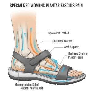 Graphic depicting how specialized women's sandals provide pain relief for plantar fasciitis through proper foot alignment.