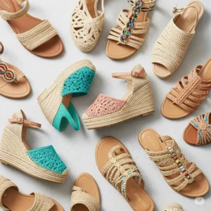 Variety of raffia sandal styles, including espadrille wedges and casual flats.