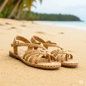 Raffia sandals on a sandy beach, ideal footwear for a tropical vacation.