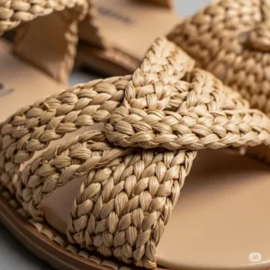 Close-up detail of hand-woven raffia texture on a pair of artisanal sandals.