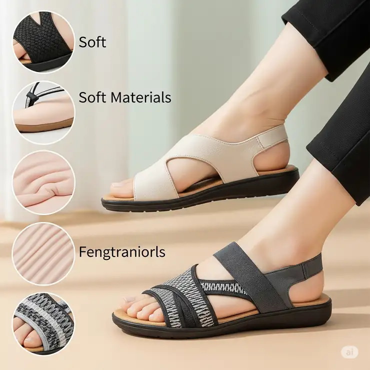 Visual representation of soft and stretchable materials like leather and fabric, ideal for sandals for women with bunions.