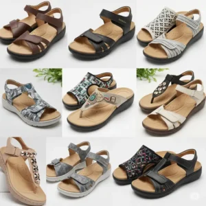Collage of various stylish sandal designs for women that also offer excellent support for foot pain like plantar fasciitis.