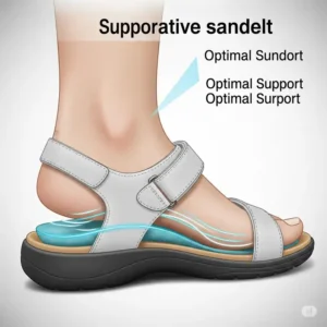 Illustration of a woman's foot in a supportive sandal, showing the natural arch being cradled by the insole.