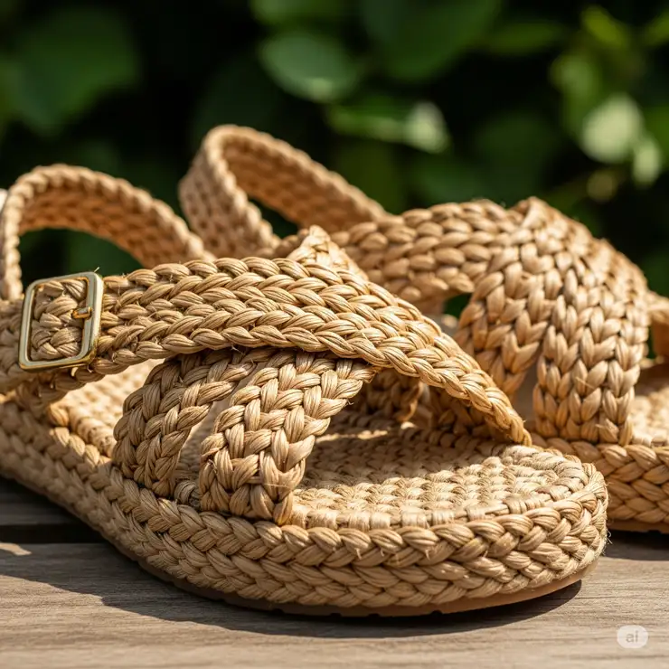 Eco-friendly raffia sandals, highlighting their natural and sustainable material.