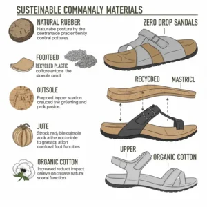 Infographic illustrating the various eco-friendly and durable materials commonly used in the construction of zero drop sandals.