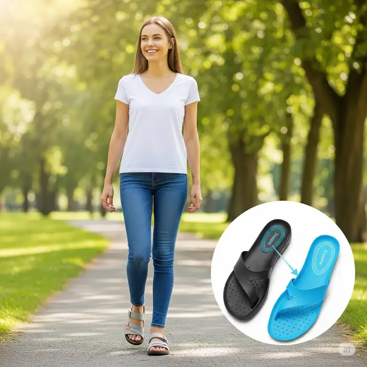 Person enjoying a comfortable walk in sandals with specialized insoles, highlighting improved posture and reduced foot fatigue.