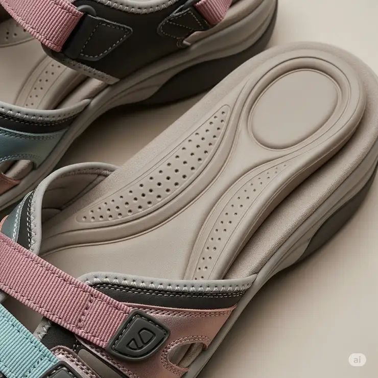 Close-up of stylish walking sandals designed for women with plantar fasciitis, showcasing arch support and cushioning. sandals for plantar fasciitis women