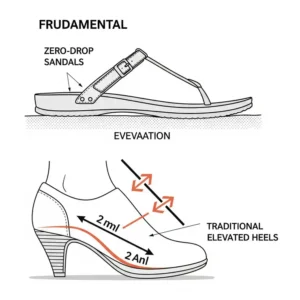 Diagram illustrating the flat, even sole of zero drop sandals compared to traditional elevated heels.