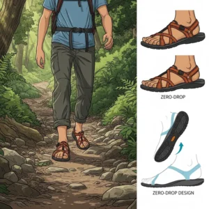 Graphic of a person wearing zero drop sandals while hiking on a natural trail, demonstrating their outdoor suitability.