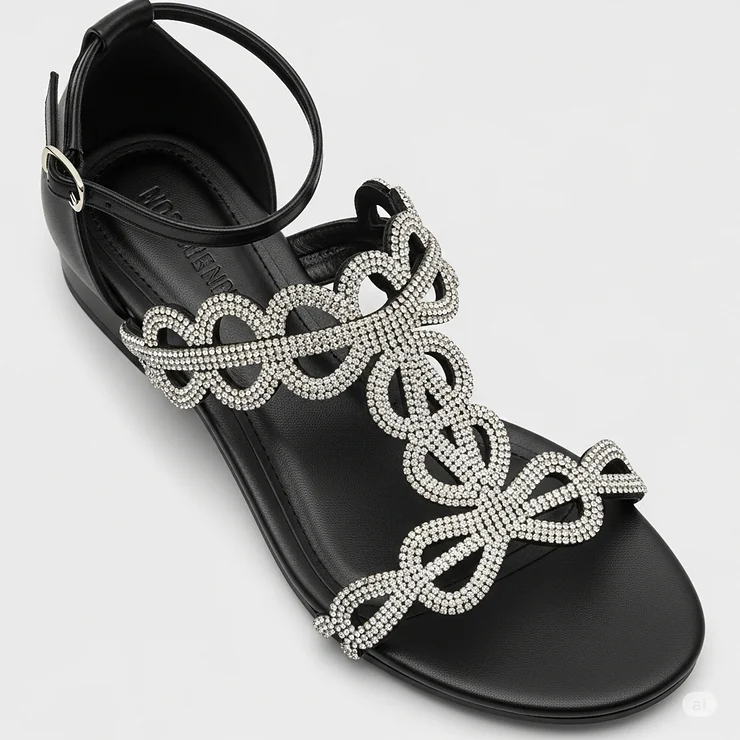 Chic black rhinestone sandals with a secure ankle strap, offering both elegance and a perfect fit.