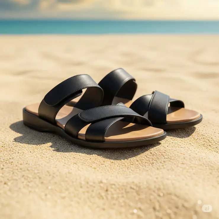 Comfortable black sandals resting on a sandy beach, perfect footwear for vacation and warm weather
