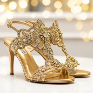 Exquisite bridal gold designer sandals, perfect for a wedding or special celebration, adding a touch of glamour.