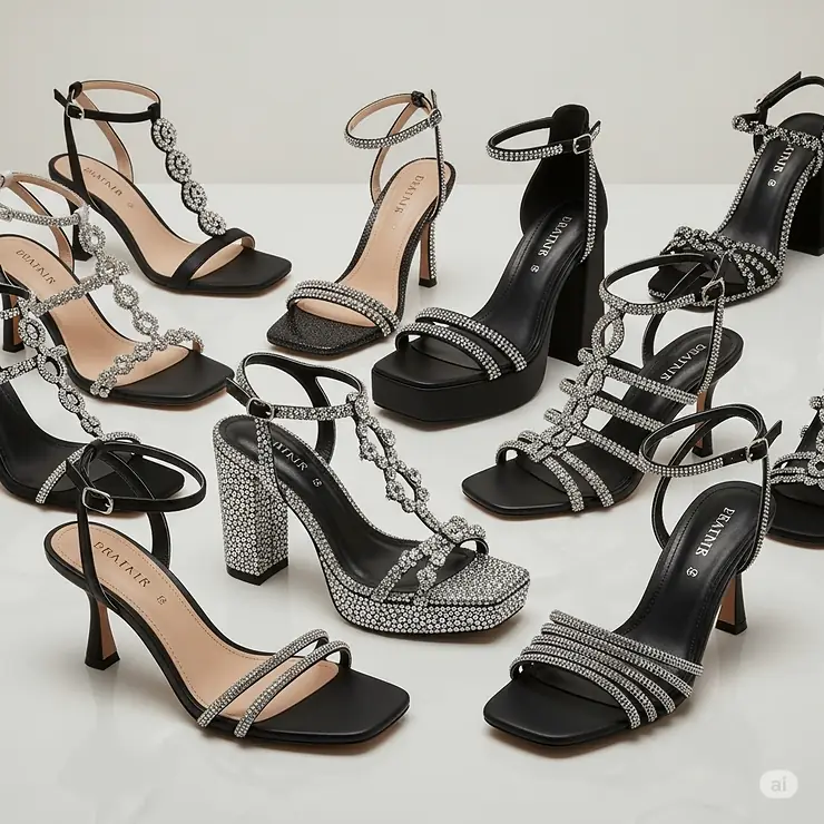 Assortment of various styles of rhinestone black sandals, showcasing diverse designs and features.