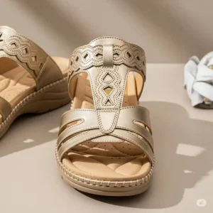 Comfortable gold sandals for women, featuring a stylish design and cushioned sole, perfect for all-day wear.