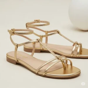 Chic flat gold designer sandals, offering both comfort and style for everyday wear or a beach vacation.