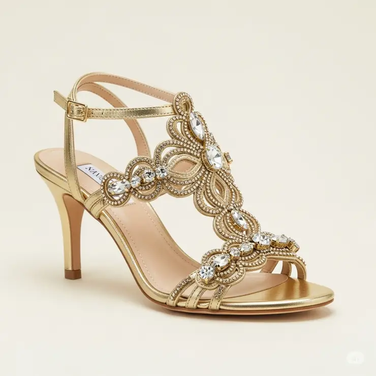 Stunning gold designer sandals with intricate detailing, perfect for a luxurious evening out or a special occasion.
