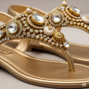 Luxurious gold embellished designer sandals with sparkling jewels and unique ornaments.