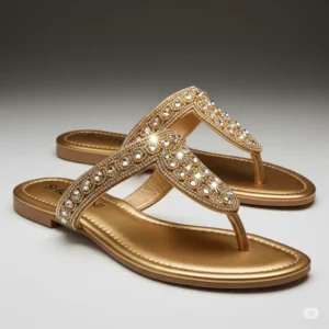 Beautifully embellished gold flat sandals for women, featuring sparkling details that add a luxurious touch to any outfit.